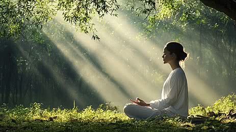 Soft light rays falling through trees onto a meditating figure