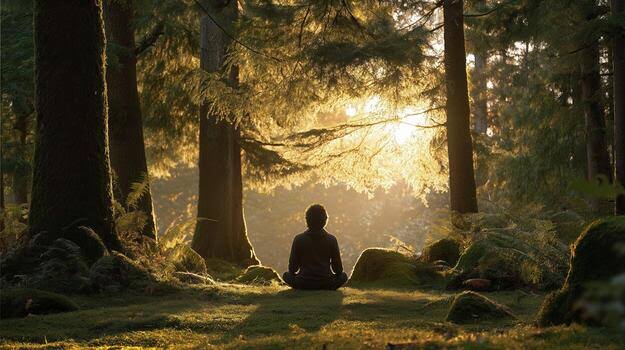 A woman seated quietly on moss in a sunlit forest